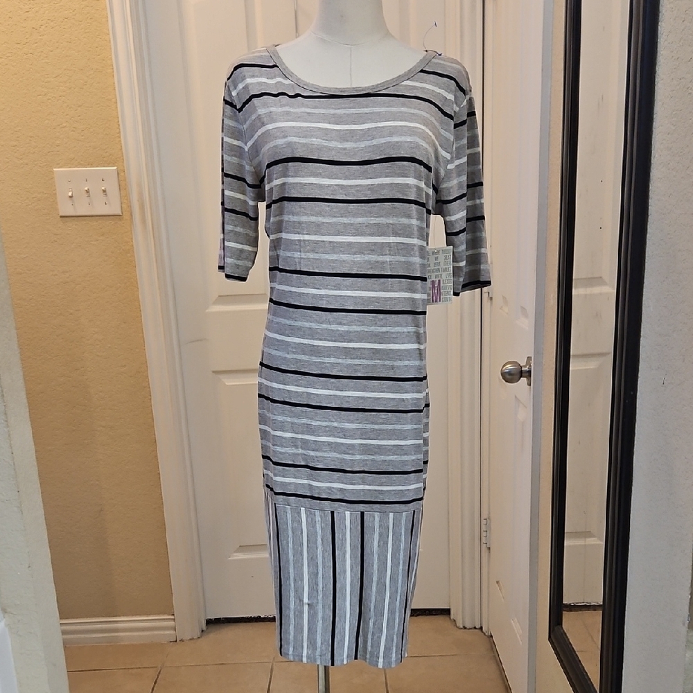 LuLaRoe Julia Dress Black White & Gray Striped Size Medium NWT